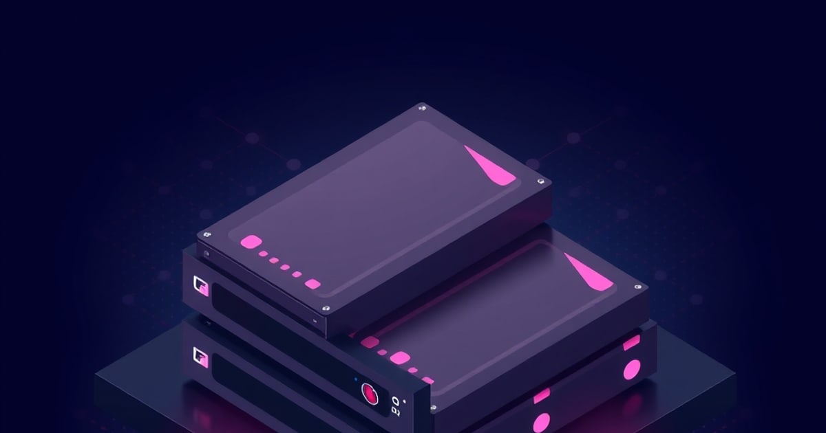 Isometric stack of dark purple hard drives with glowing pink accents on a NAS enclosure, set against a dark navy background with faint network dots.