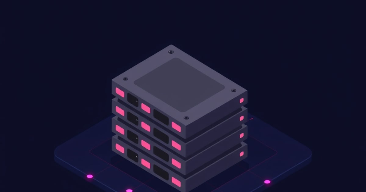 Flat isometric illustration of four stacked drive sleds with pink-lit front bays sitting on a glowing navy pad.