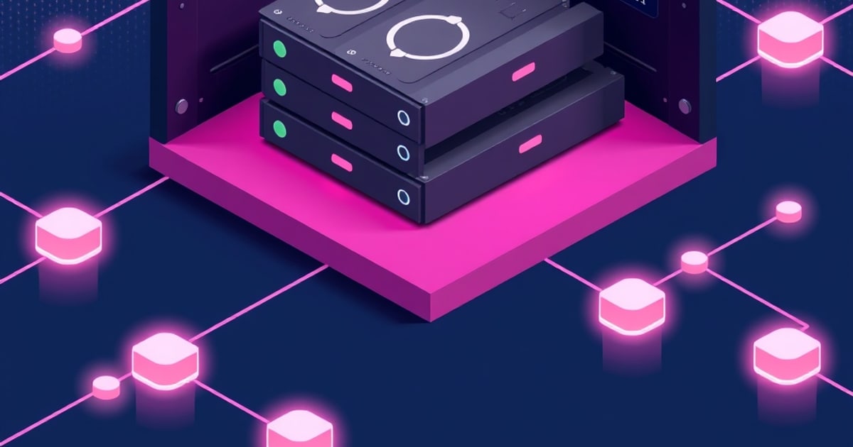 Flat isometric illustration of a stacked NAS with drive bays linked by glowing network lines on a magenta platform.