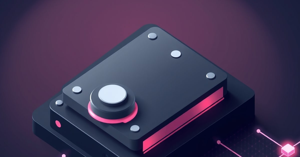 Isometric dark hard drive with silver screws, a round spindle cap and glowing pink edge lighting, linked by network lines to a small cube on a plum backdrop