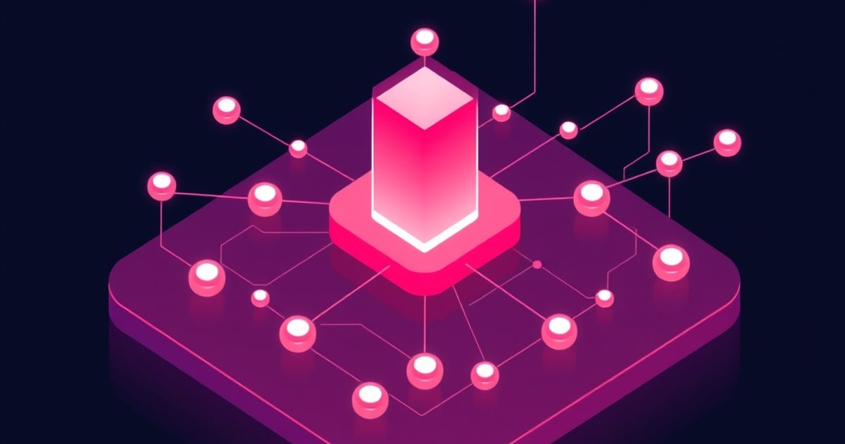 Flat isometric illustration of a glowing pink prism on a rounded pedestal, linked by circuit traces to rings of small round nodes.